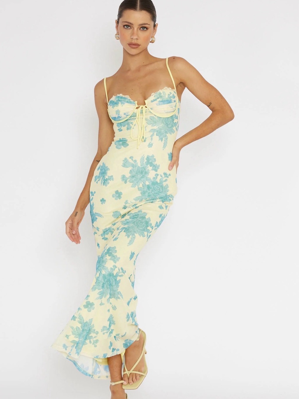 Selfie Leslie Yellow Maxi Slip Dress with Blue Floral Print